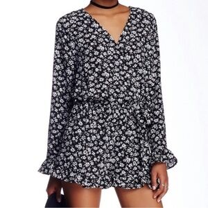 Ro & De Floral Black and White Wrap Romper Mini Dress